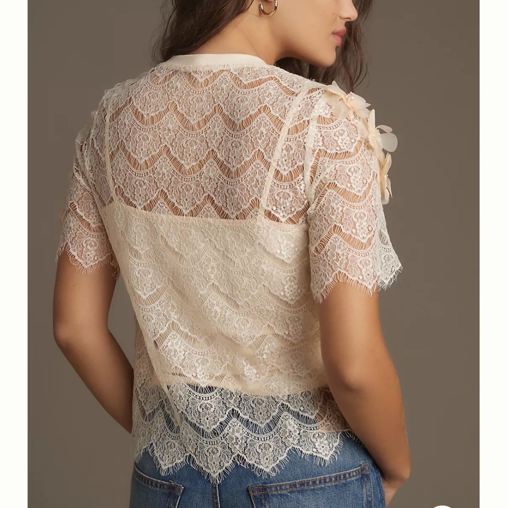 Sunday In Brooklyn Cream Lace 3D Flowers Floral Short Sleeve Blouse Shirt XXS - Picture 2 of 5